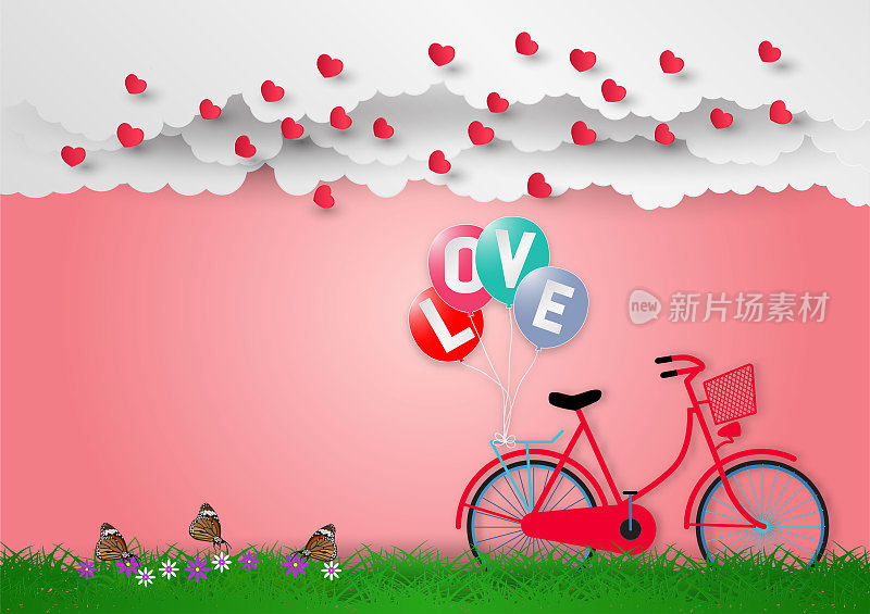 Paper art style of balloons with text love and bicycle on pink background, vector illustration, valentines day concept
